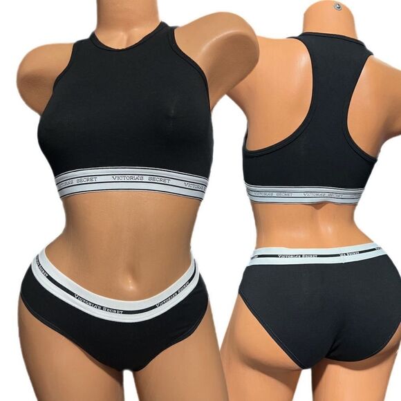 Victorias Secret Cotton Set Racerback Crop Bralette S & Hiphugger Panty black M - Picture 1 of 3